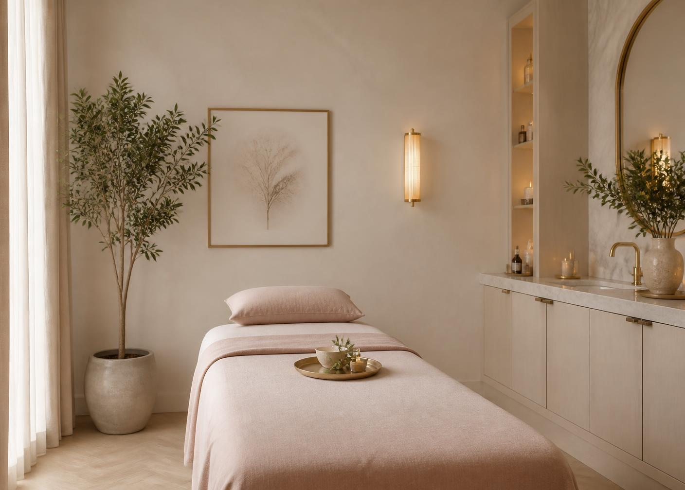 A calm, softly lit spa treatment room without people
